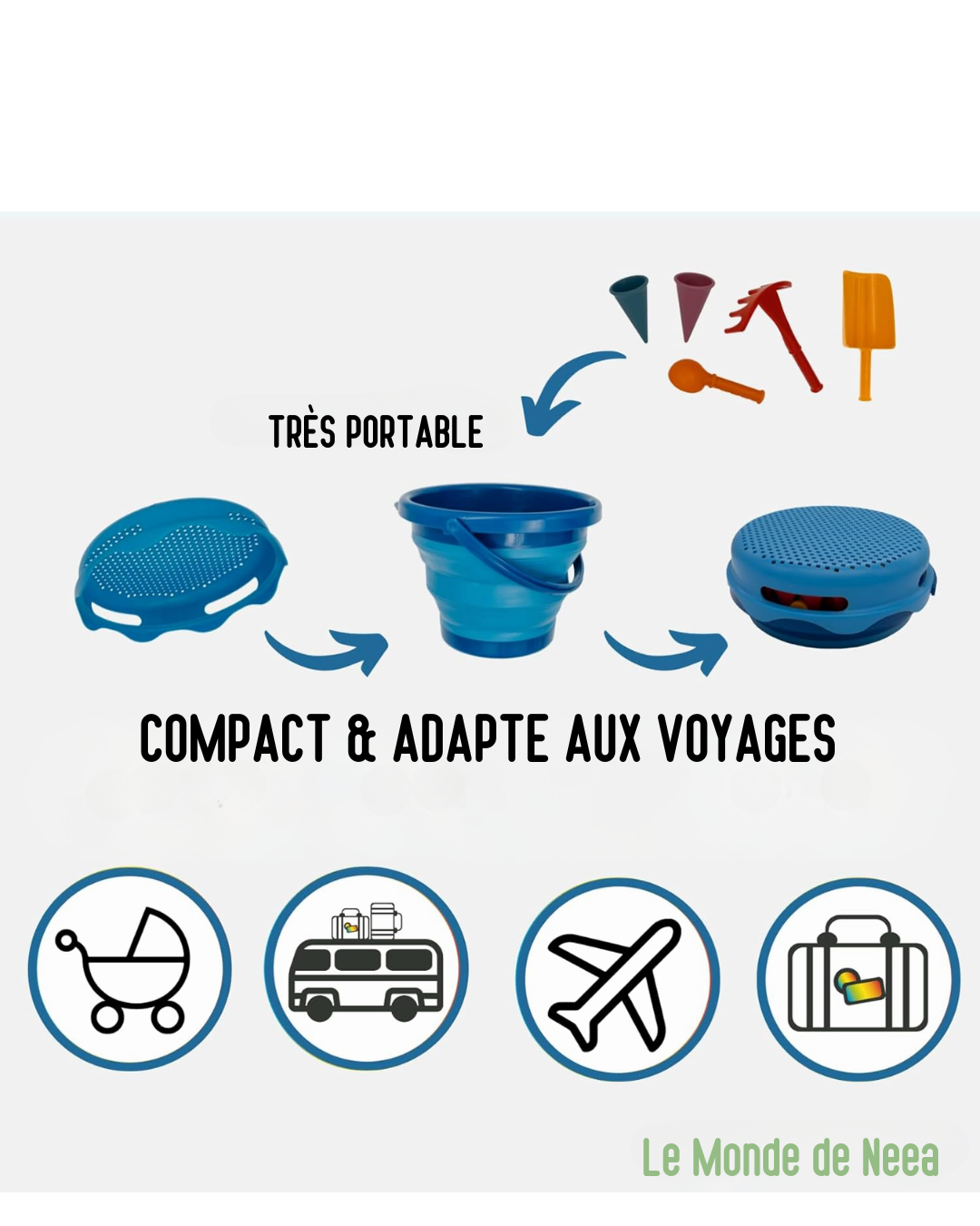 Ensemble de Jouets de Sable 7 en 1, Compact et Innovant, Seau Pliable de 3 Litres avec 6 Outils, Couleur Bleue, Référence 970244