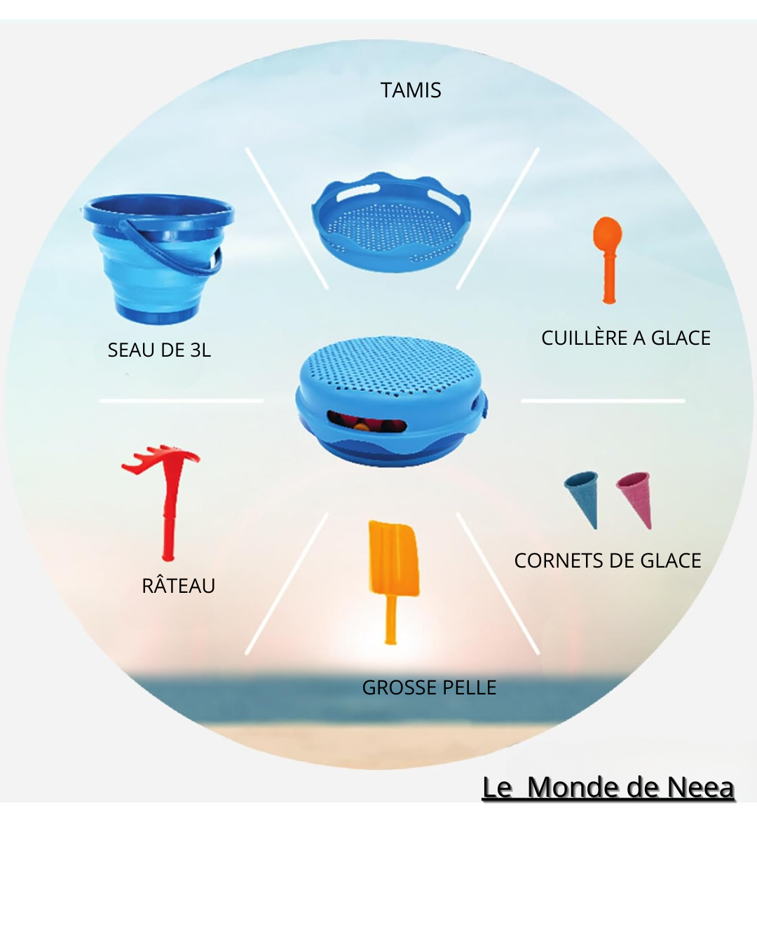 Ensemble de Jouets de Sable 7 en 1, Compact et Innovant, Seau Pliable de 3 Litres avec 6 Outils, Couleur Bleue, Référence 970244