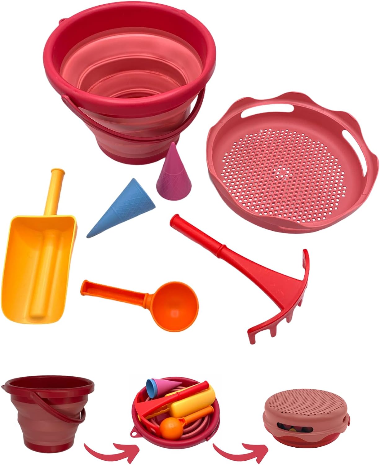 Ensemble de Jouets de Sable 7 en 1, Compact et Innovant, Seau Pliable de 3 Litres avec 6 Outils, Couleur Bleue, Référence 970244