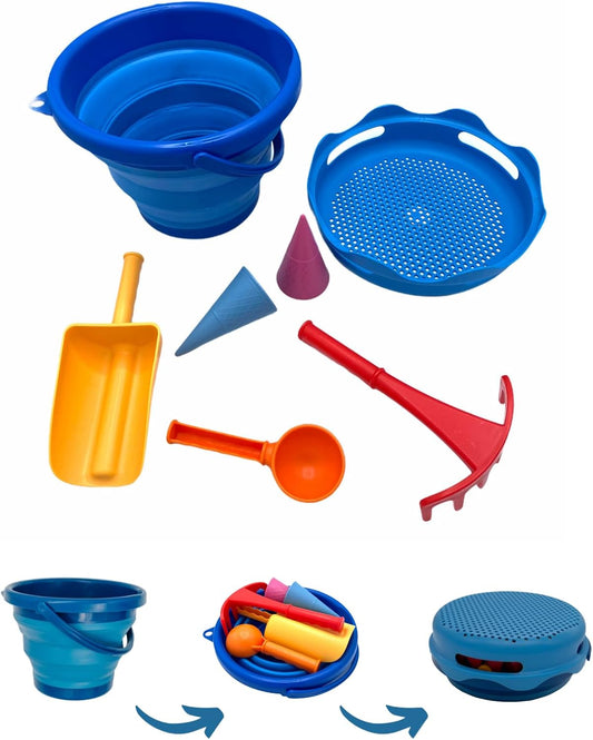 Ensemble de Jouets de Sable 7 en 1, Compact et Innovant, Seau Pliable de 3 Litres avec 6 Outils, Couleur Bleue, Référence 970244